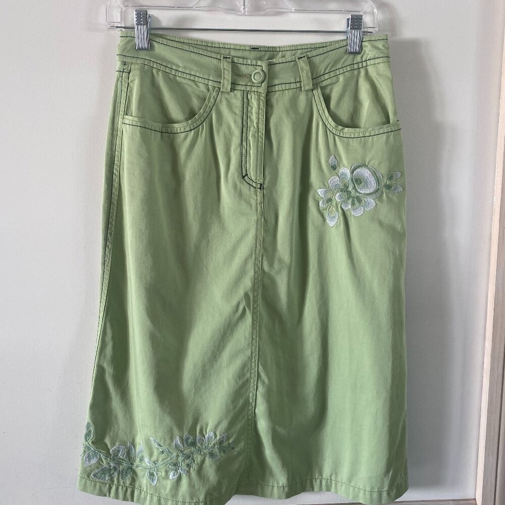 Oilily Womens Lime Green Floral Embroidered Midi Skirt Size 34 Cotton Blend Boho